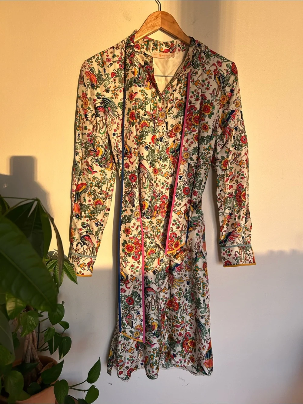 NWOT Tory Burch Silk Promised Land Floral Birds Contrast Dress Size 6